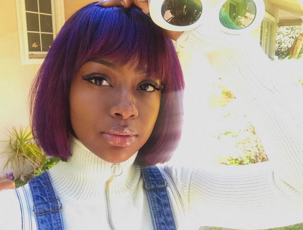 justine skye with short purple bob with feathery bangs on instagram