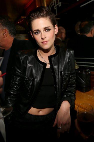 kristen stewart wearing an all black outfit with short brunette hair