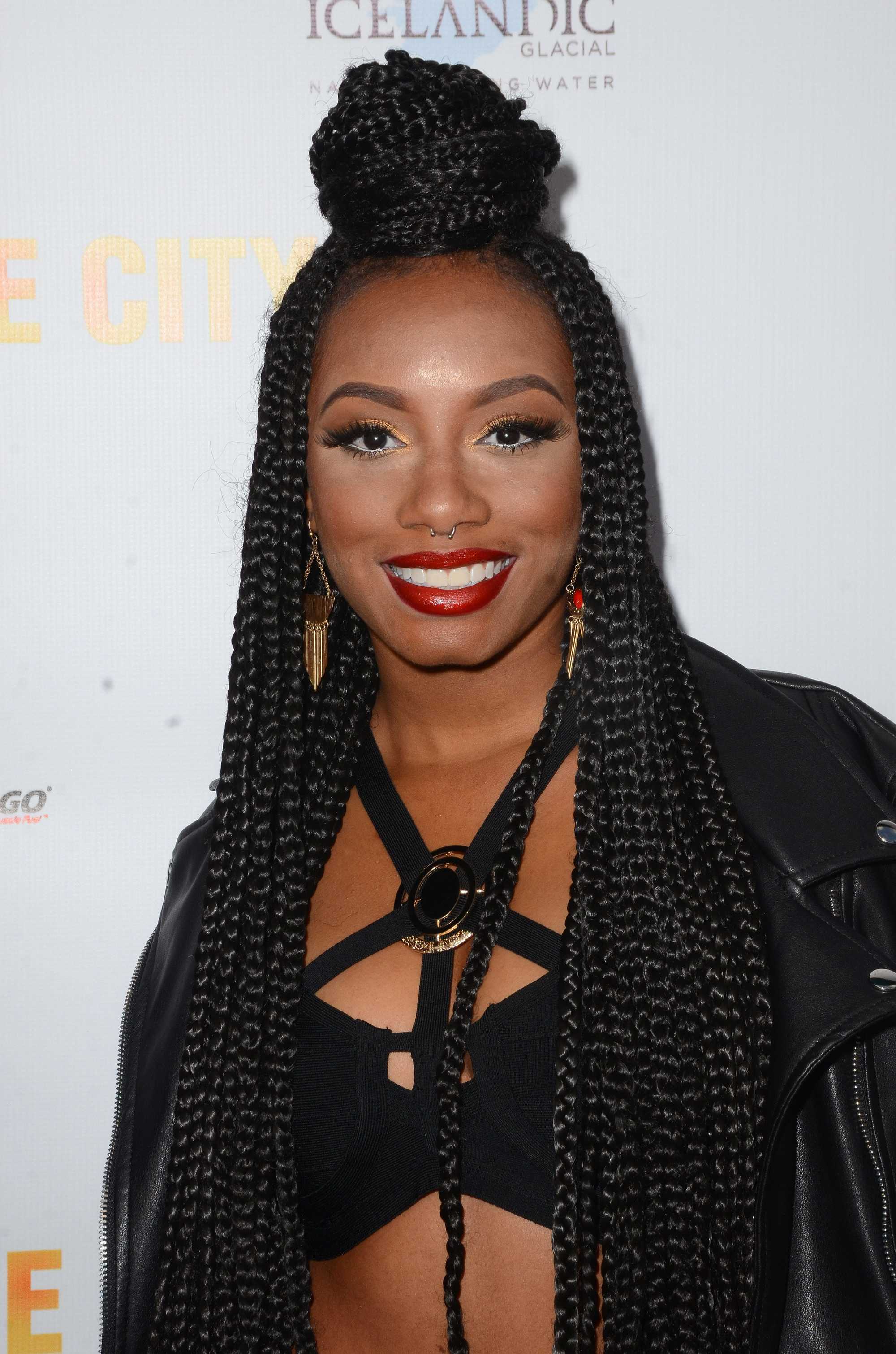 poetic justice braids styles: imani hakim with top knot box braid hairstyle