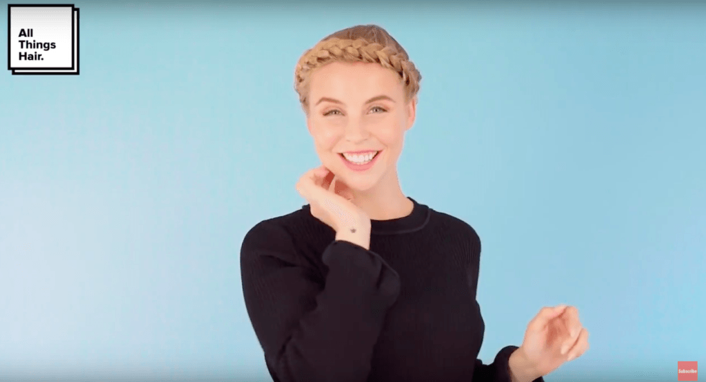 front view of blonde model with halo braid for halo braid tutorial