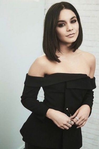 vanessa hudgens with a short black lob hairstyle