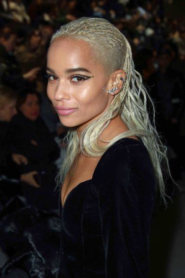 zoe kravitz at saint laurent frow with undercut hair with extensions in a platinum blonde colour