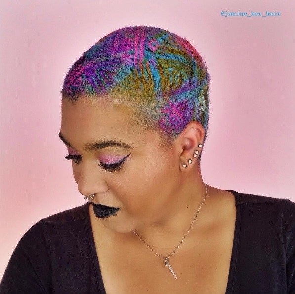 woman with coloured short buzz cut hair