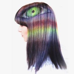 hair model with optical illusion hair designs painted into her brown hair