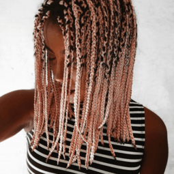 pink coloured braids: close up shot of woman with pink box braids, wearing a stripe top and posing against a white setting