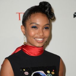 Iranian-American actress, model, and activist Yara Shahidi at the time 100 gala with her natural hair in a twisted side set updo