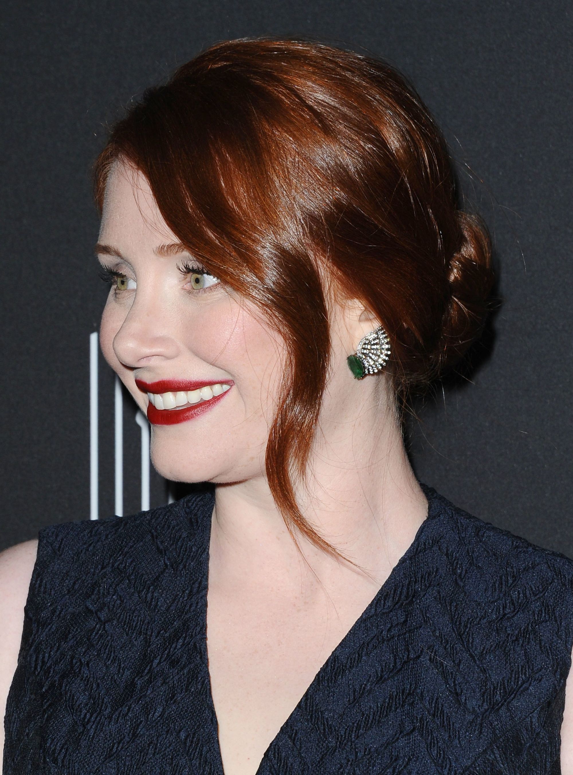 bryce howard with her dark mahogany hair in a chignon