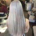 backshot of model with silver pearl hair