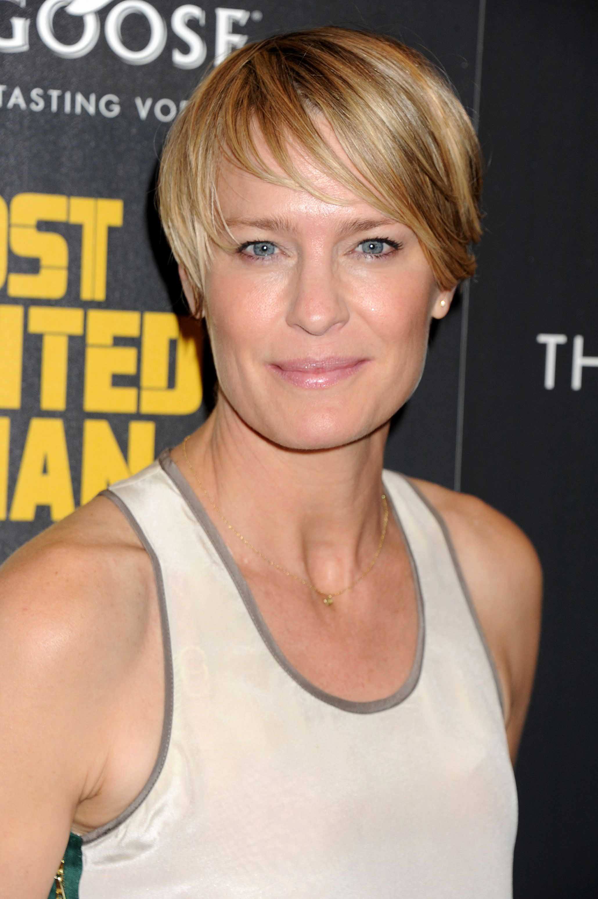 Robin Wright - blonde pixie cut with side sweeping fringe - Credit Rex by Shutterstock