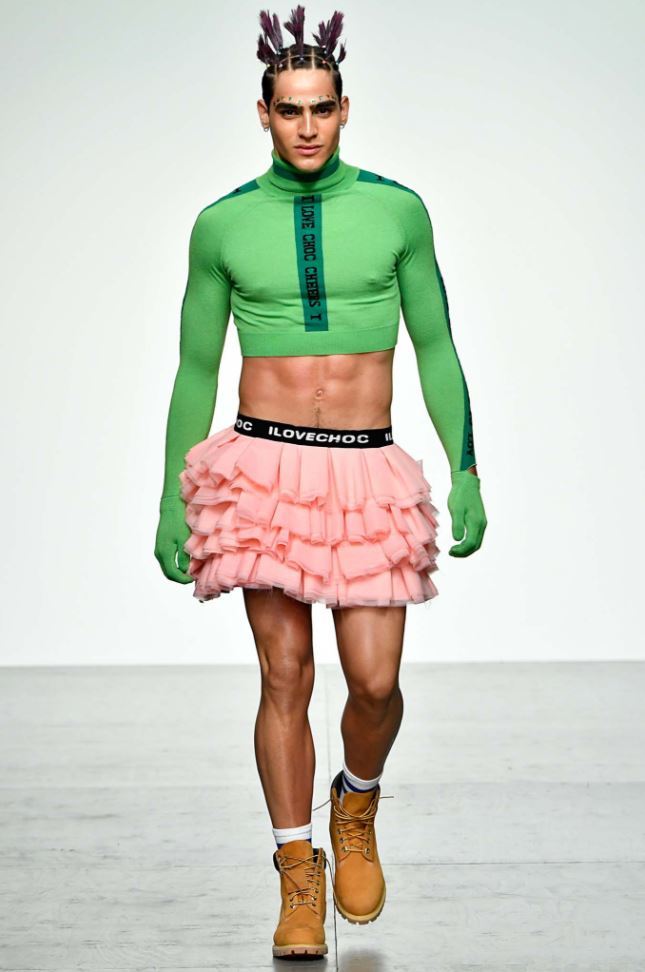 LFWM - Male model at Bobby Abley show with box ponytail spiked hair