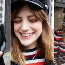 three images of a woman with medium length wavy brown hair and bangs, smiling wearing a striped top