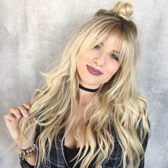 Face shapes - long blonde hair with full bangs in half up bun style
