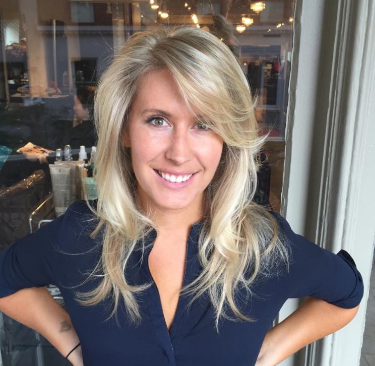 Face shapes - blonde mid-long length hair with layers and side sweeping bangs