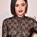 lucy hale with jet black dark chocolate hair wearing black at an event