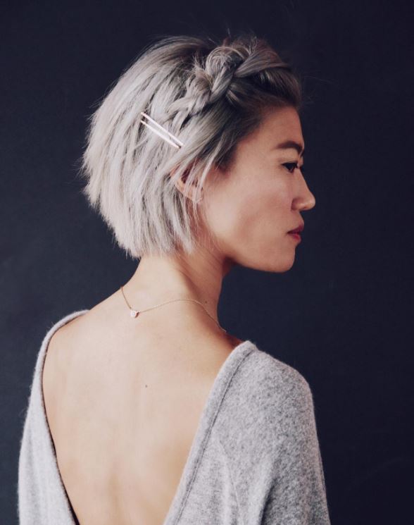 Beach hairstyle - Short bob black to grey hairstyle with side pinned braid