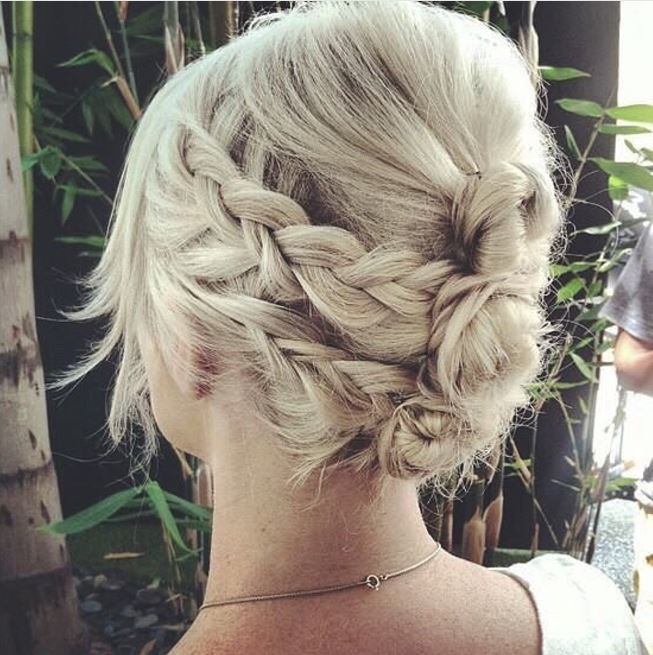 Short hair wedding updos - light blonde hair with braids either side placed into mini buns down the back