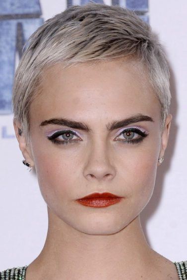 head shot of Cara Delevingne with silver pixie cut at valerian and the city of a thousand planets