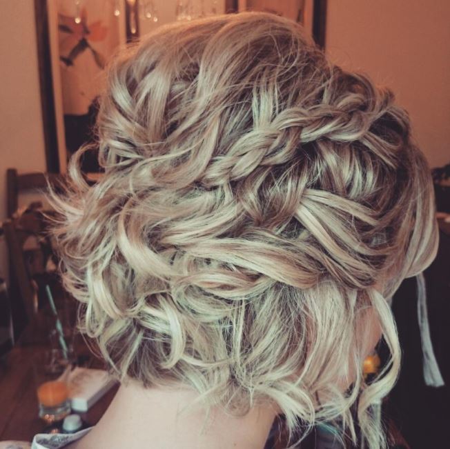 Short hair wedding updos - blonde curly hair with pinned back braid