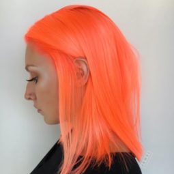 neon peach hair - straight long bob hair with bold neon peach orange hue side profile