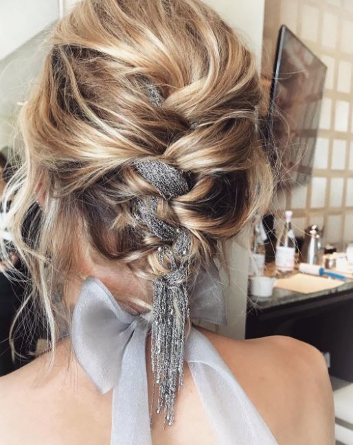 Short hair wedding updos - blonde hair in french plait with silver material laced through