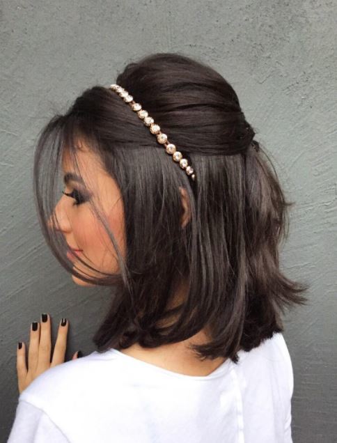 Short hair wedding updos - rich chocolate brown hair in half-up style finished with pearl headband