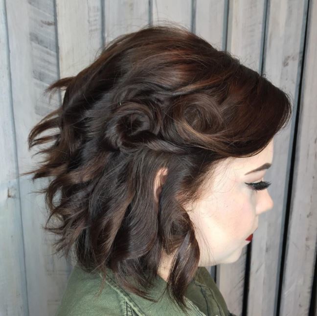 Short hair wedding updos - dark brown hair with retro pin up curls on the sides