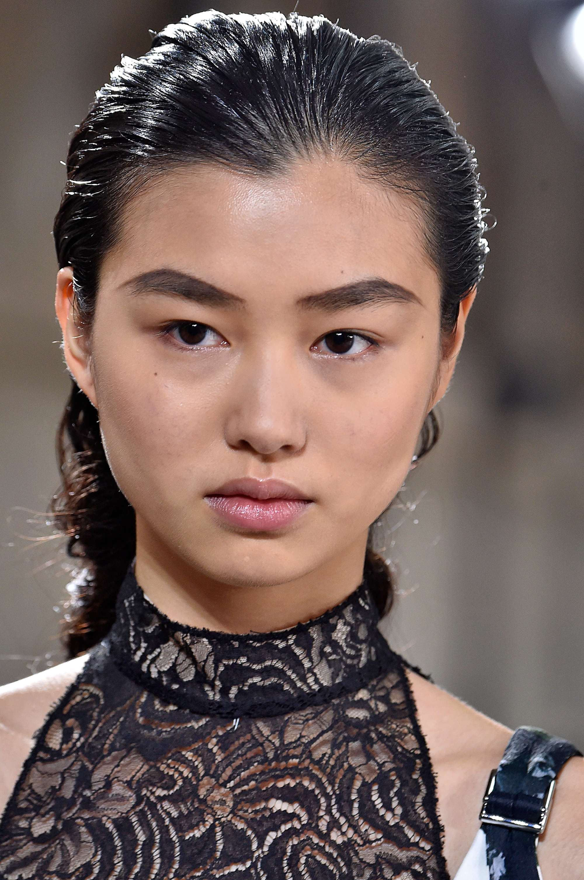 model with wet look hairstyle on the proenza schouler runway paris haute couture week 2017