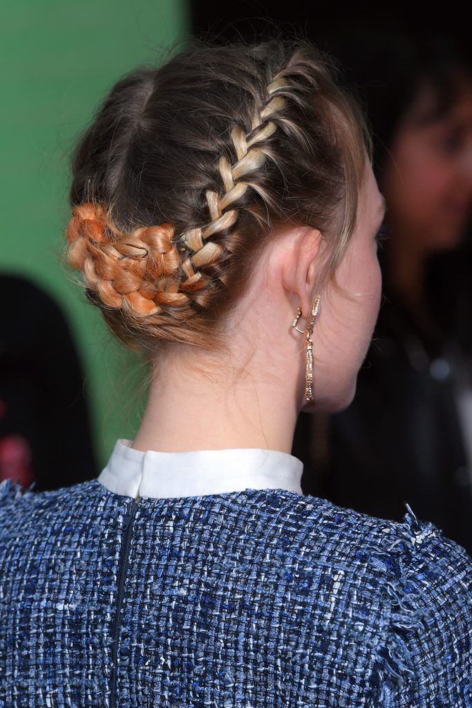 Saoirse Ronan back view of her hair in double dutch braid style pinned up