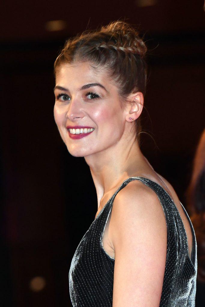 Rosamund Pike with her hair in a double dutch braid hairstyle