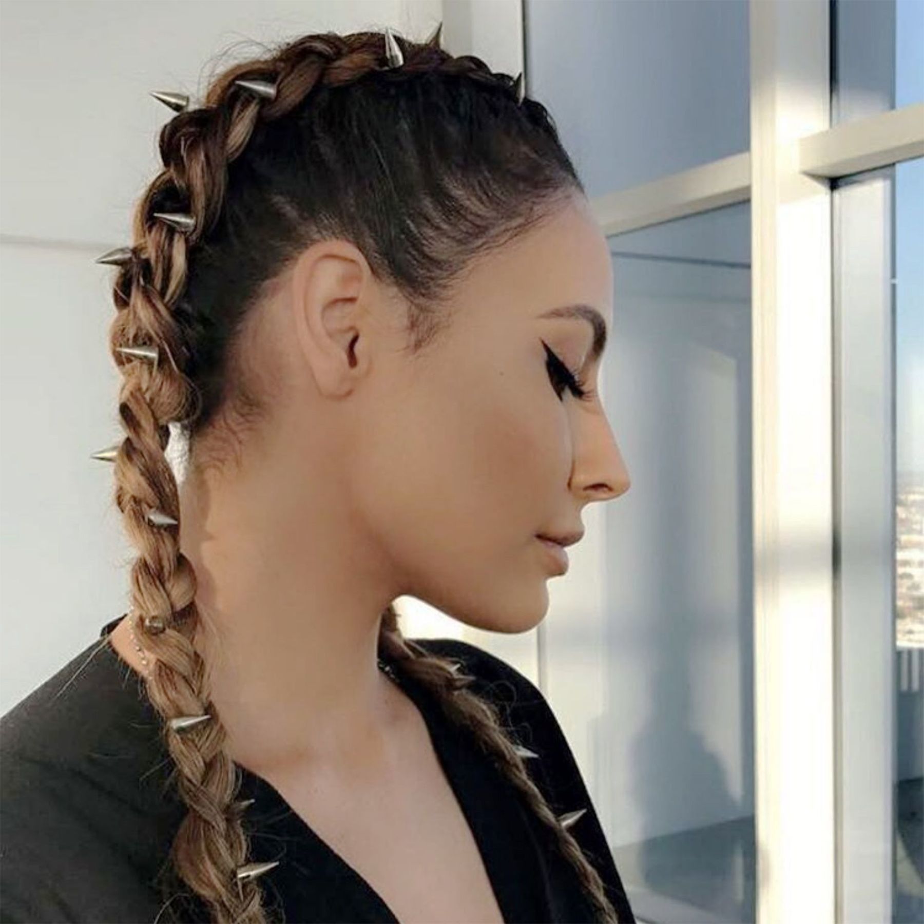 Metal spike hair accessories - double french braids with gunmetal spiky accessories throughout
