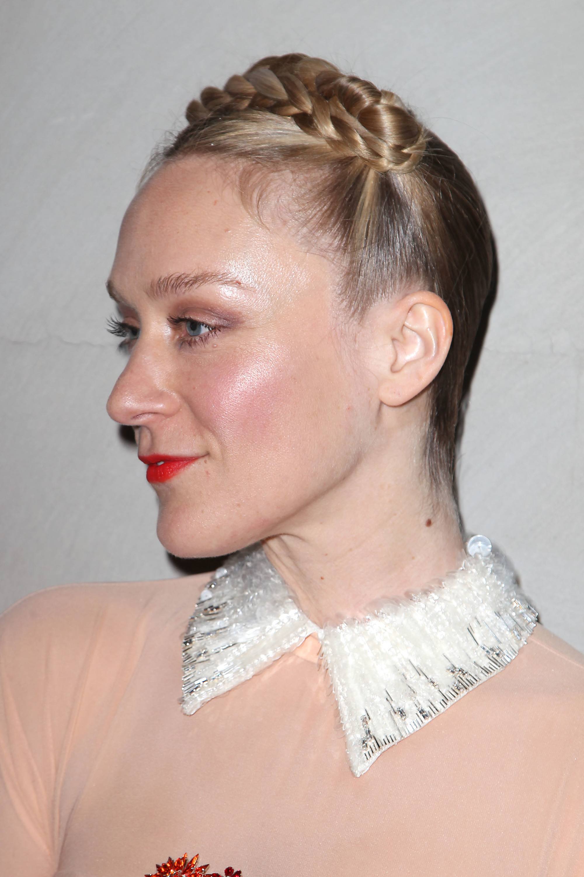 hairstyles for short hair for school ideas: chloe sevingy with braided crown updo hairstyle on the red carpet