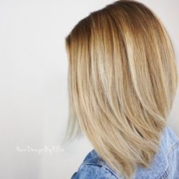side profile of a blonde woman with a wispy a line lob