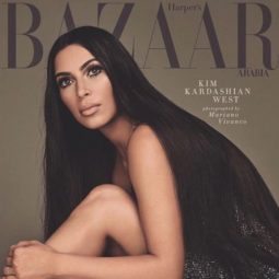 Kim kardashian on Harpers Bazaar Arabia magazine cover with long black straight hair