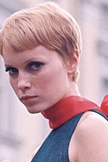 Mia Farrow wearing her blonde hair in pixie style in 1960s hairstyle