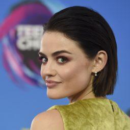 side shot of lucy hale with slicked back strands at the teen choice awards