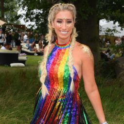 tv presenter stacey solomon at v festival 2017 with long double dutch braid hair
