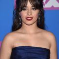 Red carpet hairstyles: Camila Cabello with long chocolate brown hair styled into a half-up, half-down updo, complete with curtain bangs on the VMA red carpet.