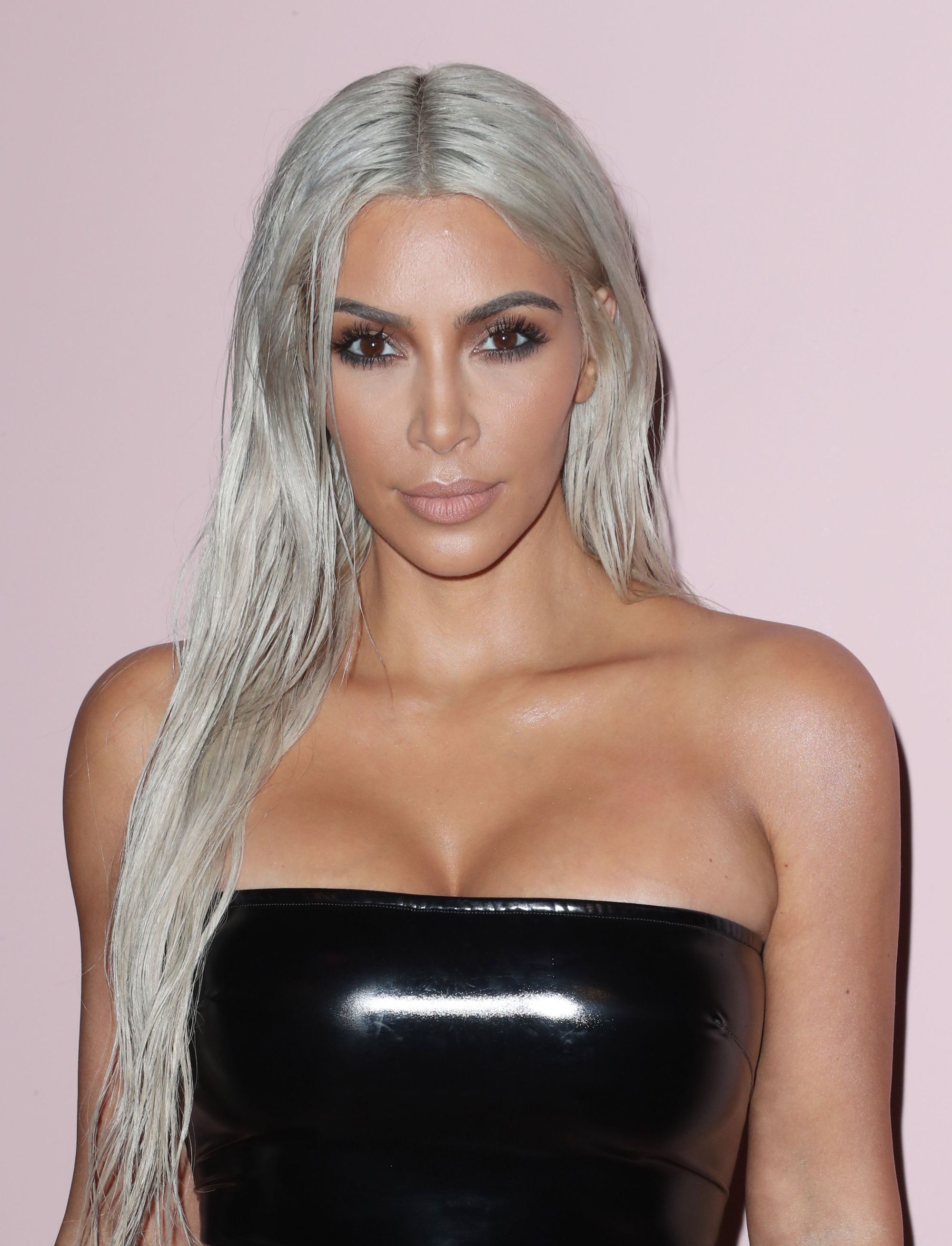 permanent silver hair dye: close up of kim kardashian with a silver hair colour at new york fashion week