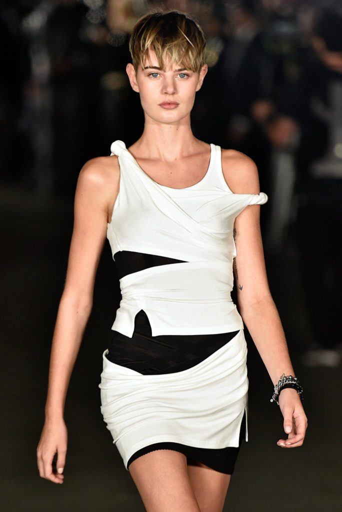 model with blonde pixie hair with fringe finish on runway NYFW
