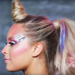 Unicorn Halloween tutorial: Side view of a unicorn halloween hairstyle on blonde hair