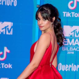 MTV EMAs 2018: Camila Cabello at the MTV EMAs wearing a red gown with her dark hair in a curly ponytail