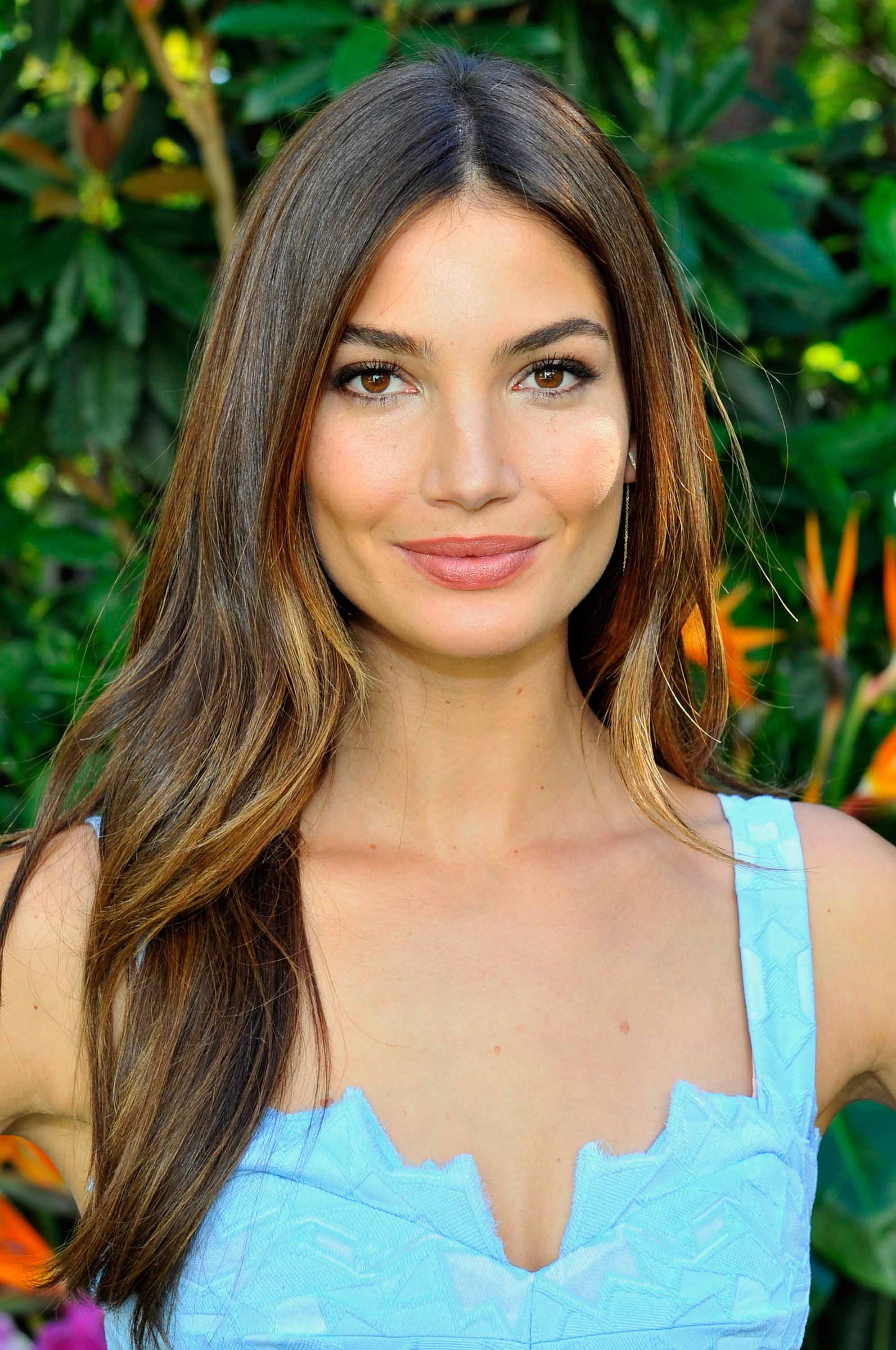 Lily Alridge long brown hair with caramel balayage