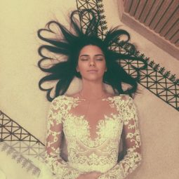 birds eye view of kendall jenner with long dark hair in love heart shapes