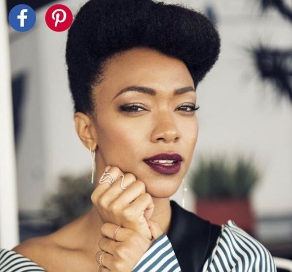 close up shot of sonequa martin-green with natural vintage updo hairstyle, wearing shirt and purple lipstick