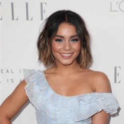 close up shot of vanessa hudgens with wavy ombre bob wearing blue dress on the elle style awards red carpet
