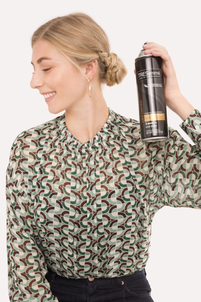 Braided bun tutorial blonde girl with hairspray