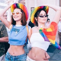 bella hadid and kendall jenner with brown hair and micro sunglasses