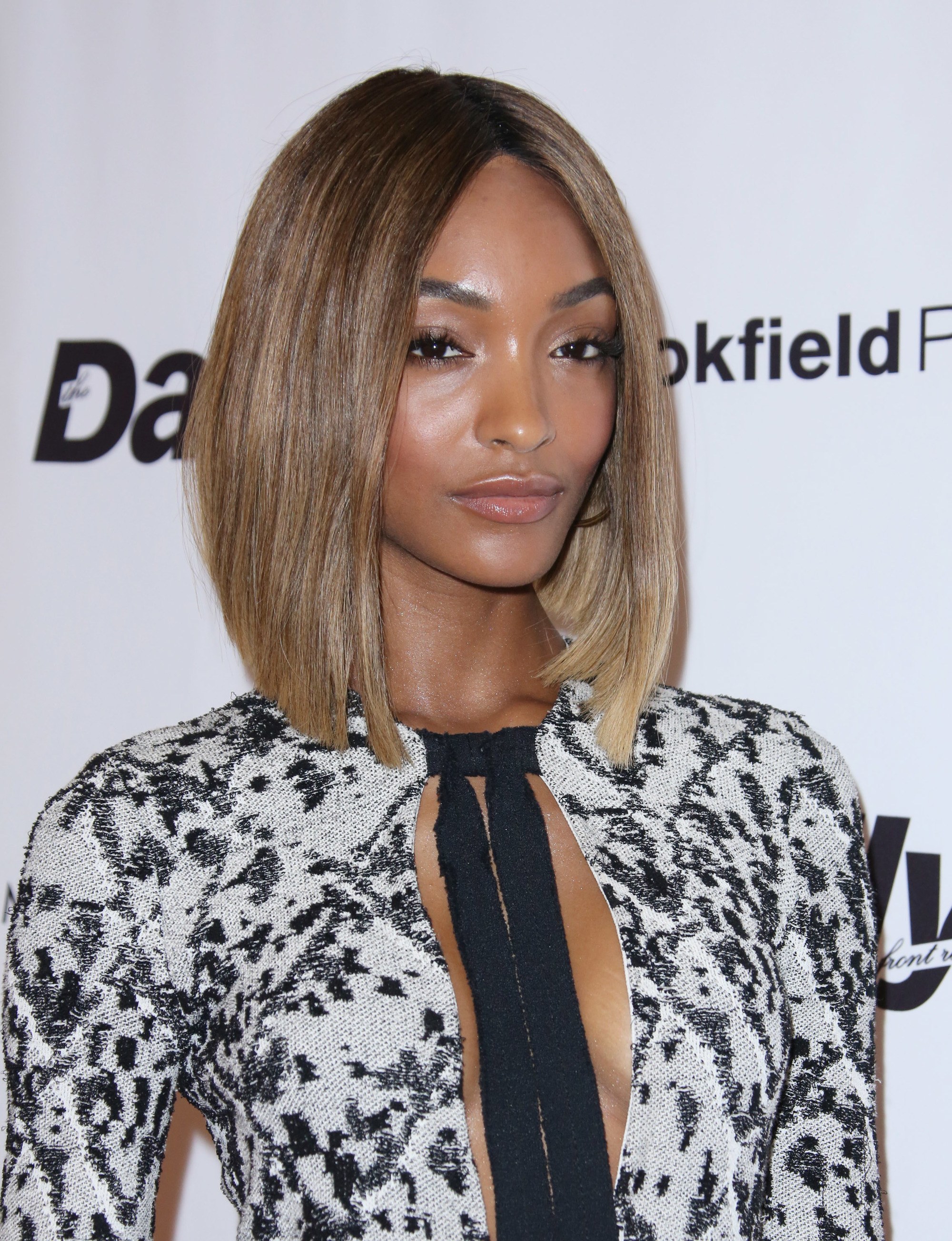 Angled bob: Jourdann Dunn with an ash brown sleek, straight angled long bob