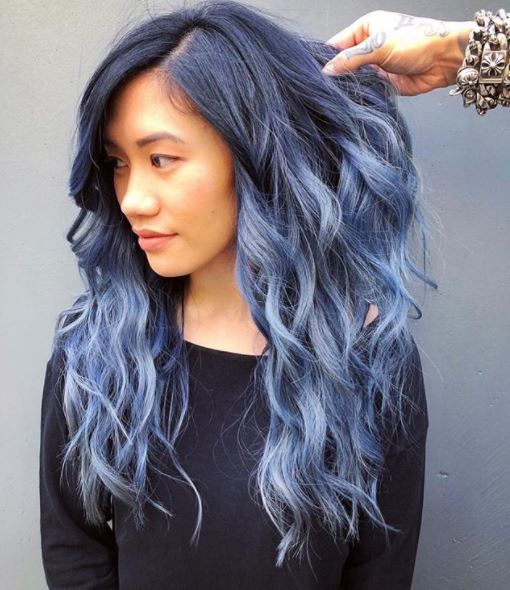 woman with long denim blue hair colour