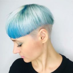 woman with pastel blue mushroom bowlcut